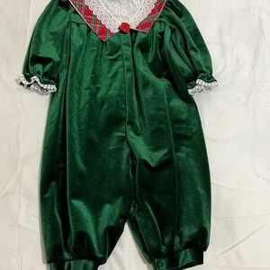 Little Precious Green Velvet Infant Romper with Lace & Plaid Trim Size 18 Months
